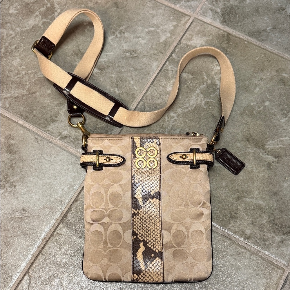 Coach Beige and Brown Crossbody Bag with Snakeskin Accent
